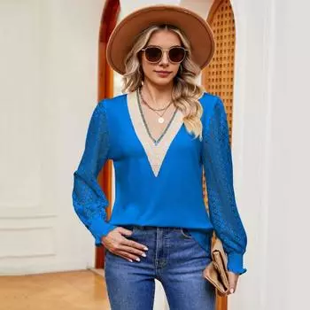 Женская блузка с V-образным вырезом, кружевная строчка, ажурный длинный рукав, пуловер, топы, цвет солор, свободная футболка, повседневная одежда S синий