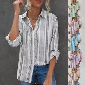 Женская блузка с v-образным вырезом на пуговицах и цветными блоками, повседневные топы, свободная рубашка с длинным рукавом S розовый