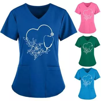 Женская блузка с v-образным вырезом, рабочие топы, униформа медсестры, женские топы с принтом Love, женские комбинезоны с короткими рукавами и карманами S зелёный
