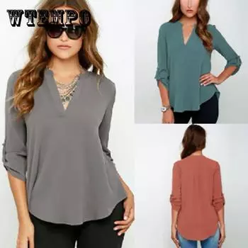 Женская блузка с v-образным вырезом, шифоновая рубашка больших размеров, свободные топы с длинными рукавами и плиссировкой, повседневная футболка больших размеров 2XL