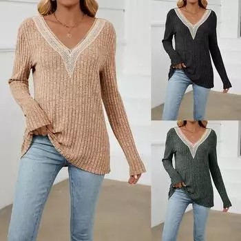 Женская блузка с v-образным вырезом в рубчик и длинными рукавами, женские повседневные свободные туники, топы, футболки