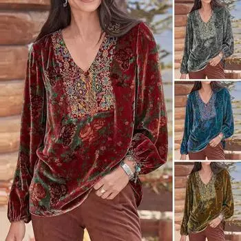 Женская блузка с винтажным принтом, v-образным вырезом и длинными рукавами, эластичные манжеты, уличная одежда, весенне-осенняя свободная бархатная футболка, пуловер, женская одежда L серый