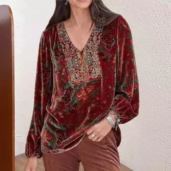 Женская блузка с винтажным принтом, V-образным вырезом и длинным рукавом, эластичная манжета, уличная одежда L красный