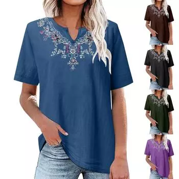 Женская блузка с вышивкой, хлопково-льняная туника с короткими рукавами в стиле бохо, топы, повседневная футболка свободного покроя с V-образным вырезом и вырезом L
