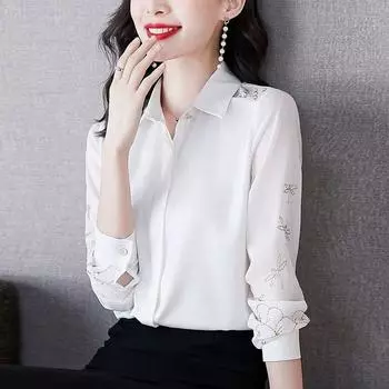 Женская блузка с вышивкой из шифона с длинным рукавом, осенний топ, зимняя женская рубашка M темно-синий