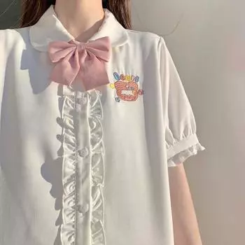 Женская блузка с вышивкой, летние милые милые кавайные рубашки в стиле Лолиты с рюшами, элегантные винтажные рубашки с короткими рукавами, повседневные топы с воротником Питера Пэна XL розовый