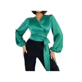 Женская блузка с завязками Тканая рубашка на шнуровке с длинными рукавами XS чёрный