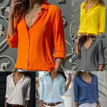 Женская блузка, шифоновая рубашка с v-образным вырезом, весенне-осенняя футболка, повседневная свободная футболка с лацканами и длинным рукавом M чёрный