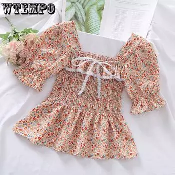 Женская блузка со сломанным цветком и милыми пышными рукавами, тонкая эластичная талия, квадратный вырез, топ с короткими рукавами, кружевное украшение с бантом, фея, повседневное S жёлтый