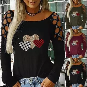 Женская блузка со стразами и ретро-принтом, повседневные топы, футболка с длинными рукавами S чёрный