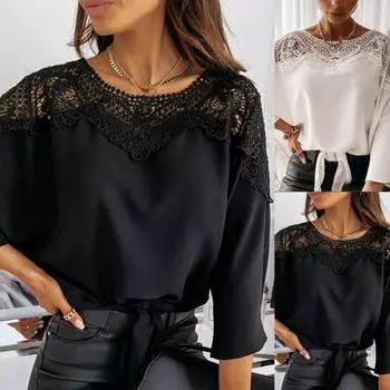 Женская блузка сплошного цвета кружева в стиле пэчворк осень-зима ажурная длинная M белый