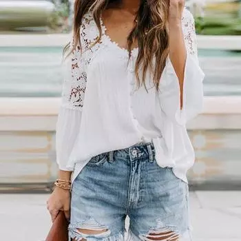 Женская блузка, сплошной цвет, кружевной пуловер, топ с расклешенными рукавами и V-образным вырезом, прозрачная рубашка с большим подолом сзади L серый/фиолетовый