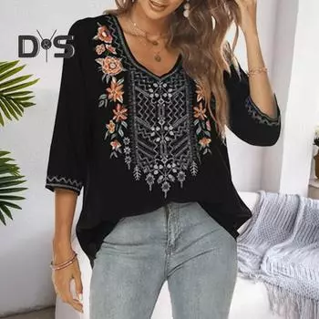 Женская блузка, традиционная мексиканская женская вышитая рубашка свободного кроя с цветочным принтом и рукавом 3/4, повседневная одежда S коричневый