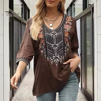 Женская блузка, традиционная мексиканская женская вышитая рубашка свободного кроя с цветочным принтом и рукавом 3/4, повседневная одежда S чёрный