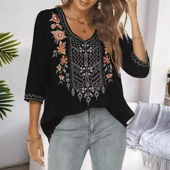 Женская блузка, традиционная мексиканская женская вышитая рубашка свободного кроя с цветочным принтом и рукавом 3/4, повседневная одежда S коричневый