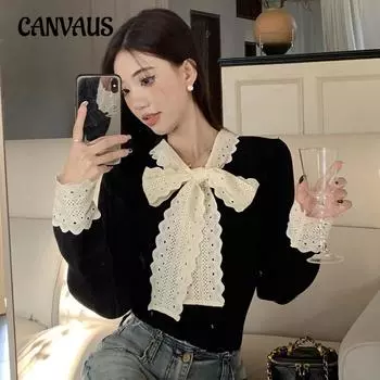 Женская блузка, трикотажные топы больших размеров, модные французские милые кружевные топы с бантом и длинными рукавами L чёрный