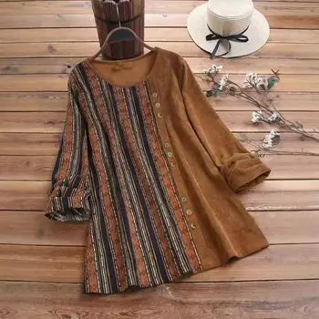 Женская блузка Vintage Crew-neck Loose Temperament с длинными рукавами S темно-коричневого