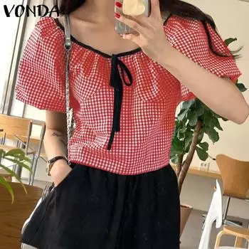 Женская блузка VONDA с круглым вырезом и объемными рукавами в клетку с завязками