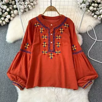 Женская блузка в этническом стиле с круглым вырезом и вышитыми рукавами-фонариками в стиле ретро, летние женские топы с цветными блоками One Size хаки
