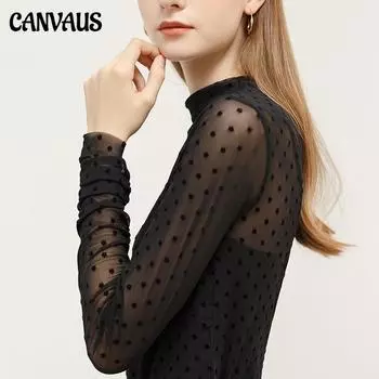 Женская блузка в горошек Canvaus на весну и осень, прозрачная сетчатая блузка с полувырезом, женская нижняя рубашка S чёрный