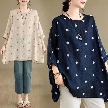 Женская блузка в горошек Oversiezd, винтажная, с рукавами 3/4, летние, повседневные, свободные, с круглым вырезом, туники, праздничные, женские, блузы One Size синий