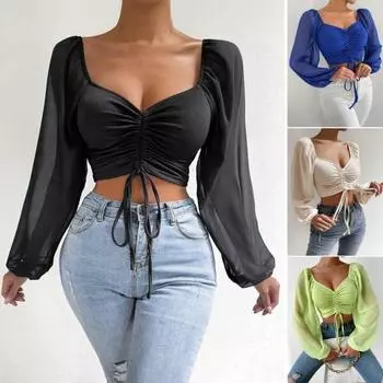 Женская блузка в рубчик с открытым пупком и квадратным воротником с длинным рукавом 2XL абрикосовый