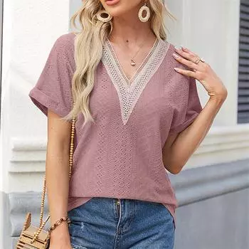 Женская блузка, весенне-летний однотонный женский топ с v-образным вырезом и сложенными рукавами M чёрный