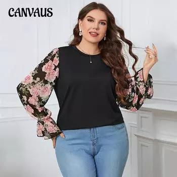 Женская блузка весенне-осеннего темперамента, рубашка большого размера с принтом, рукав-фонарик, топ с длинными рукавами XL чёрный