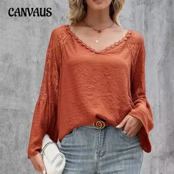 Женская блузка, весенне-осенний однотонный кружевной топ с v-образным вырезом и длинными рукавами S чёрный