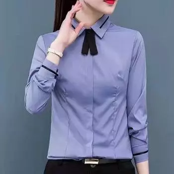 Женская блузка весна осень офис однотонный синий белый топы женская с длинным рукавом офис лацкан тонкий рубашка L белый