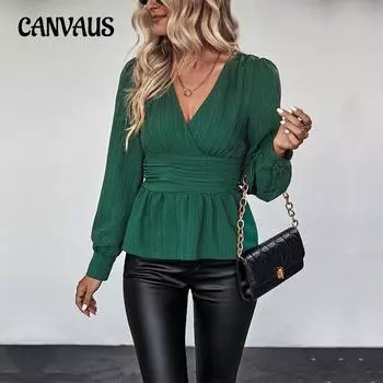 Женская блузка, весенне-осенняя рубашка с v-образным вырезом, темпераментный элегантный топ с длинными рукавами S