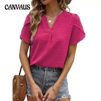 Женская блузка весна/лето из жаккарда с V-образным вырезом и короткими рукавами S розы красного