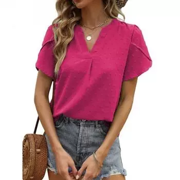 Женская блузка весна/лето из жаккарда с V-образным вырезом и короткими рукавами S розы красного