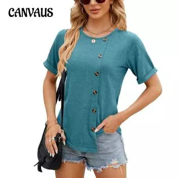 Женская блузка весна-лето короткий рукав футболка пуговицы асимметричный топ S чёрный