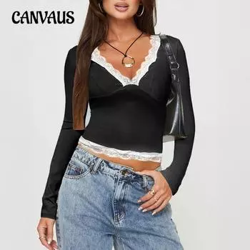 Женская блузка весна-лето Y2K Sweet Spice Style Slim Lace Clash с V-образным вырезом и длинными рукавами S белый