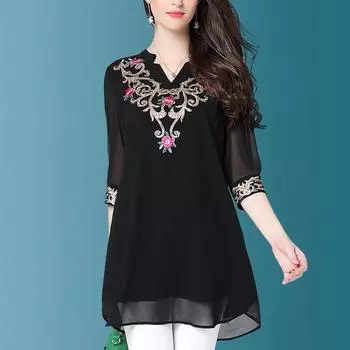 Женская блузка весна-осень из шифона, рубашка, женская блузка с V-образным вырезом и коротким рукавом, однотонная вышитая блузка, корейские свободные топы XXXXXL чёрный