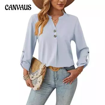 Женская блузка весна-осень однотонная рубашка с V-образным вырезом удобная дышащая повседневная рубашка с длинными рукавами S абрикосовый