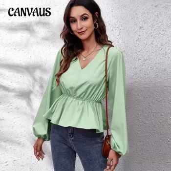 Женская блузка весна-осень с рукавами-фонариками, однотонная, с V-образным вырезом и длинными рукавами S белый