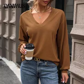 Женская блузка весна-осень с вафельным V-образным вырезом и длинными рукавами S коричневый