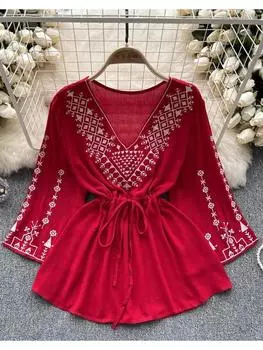 Женская блузка весна-осень в стиле бохо, этническая рубашка с V-образным вырезом, вышивка, завязка, дизайн, топы, женская национальная свободная мода, ретро-одежда One Size красный