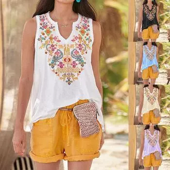 Женская богемная майка в национальном стиле, летний повседневный жилет на бретельках S белый