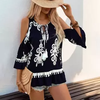 Женская богемная туника с открытыми плечами, топы, женская повседневная свободная футболка, блузка S темно-синий