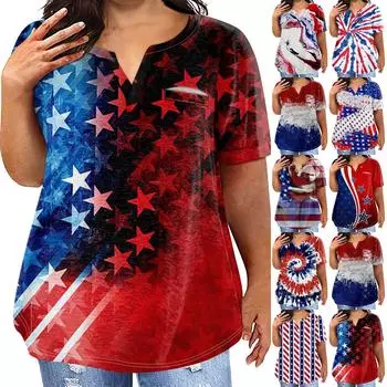 Женская большая футболка, летняя повседневная футболка с v-образным вырезом и коротким рукавом с принтом на День независимости, карманный топ с короткими рукавами L