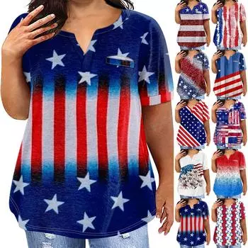 Женская большая футболка, летняя повседневная футболка с v-образным вырезом и коротким рукавом с принтом на День независимости, карманный топ с короткими рукавами L синий