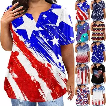 Женская большая футболка, летняя повседневная футболка с v-образным вырезом и коротким рукавом с принтом на День независимости, карманный топ с короткими рукавами L чёрный
