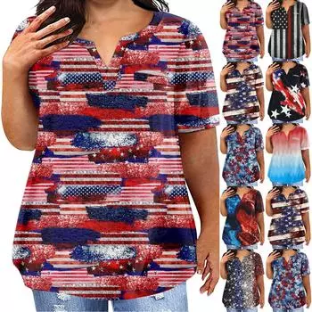Женская большая футболка, летняя повседневная футболка с v-образным вырезом и коротким рукавом с принтом на День независимости, карманный топ с короткими рукавами L чёрный