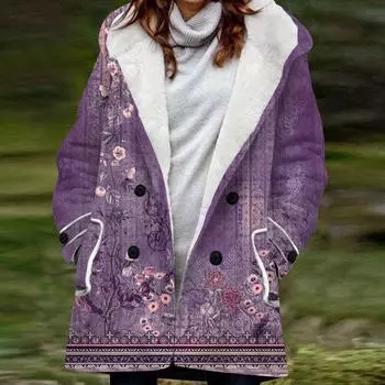 Женская большая куртка с теплой и плюшевой классической курткой на пуговицах с капюшоном и карманами в стиле ретро S фиолетовый