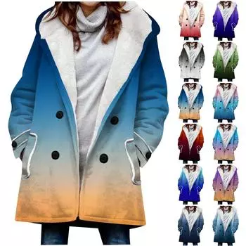 Женская большая куртка с теплой и плюшевой курткой на пуговицах с капюшоном с градиентным принтом и карманами XL