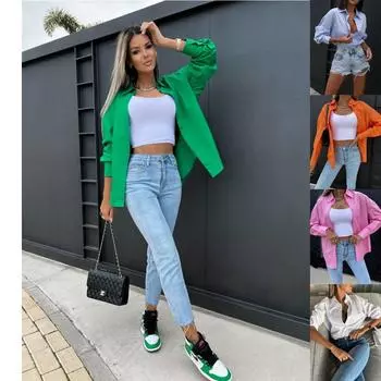 Женская большая рубашка, однотонная, яркий топ, повседневная футболка, рубашка на пуговицах, женское пальто S оранжевый