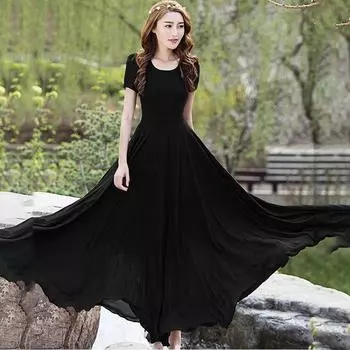 Женская большая шифоновая пляжная юбка большого размера средней длины для танцев, длинная юбка, темперамент, элегантная длинная юбка L чёрный